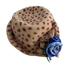 Handmade Leopard Print Felt Cloche Hat w/ Blue Rose - Vintage Style Artisan